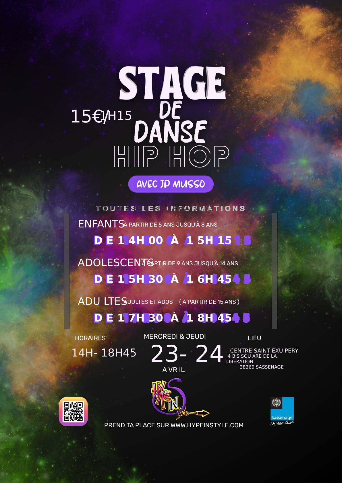 Affiche du verso du stage de danse hip-hop 23 et 24 Avril 2025